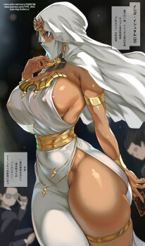 1girl absurdres ancient_egyptian ancient_egyptian_clothes armlet black_hair blue_eyes bracer breasts card cleavage commentary_request covered_erect_nipples dark-skinned_female dark_skin dress fanbox_username forehead_jewel formal_clothes from_side gold hair_tubes highres holding holding_card ishizu_ishtar jewelry large_breasts mask mouth_mask necklace patreon_username see-through_clothes see-through_dress see-through_silhouette short_hair side_slit sideboob solo_focus suit sunglasses tan thick_thighs thighlet thighs type-dog veil white_dress white_veil yu-gi-oh! yu-gi-oh!_duel_monsters