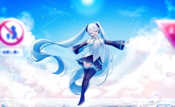 1girl aqua_hair aqua_necktie aqua_trim arm_tattoo bare_shoulders black_boots black_skirt black_sleeves blue_sky blurry blurry_foreground blush boots breasts closed_eyes cloud collared_shirt commentary detached_sleeves full_body grey_shirt hair_between_eyes hair_ornament hatsune_miku headset highres long_hair long_sleeves medium_breasts miniskirt necktie outstretched_arms pleated_skirt shirt simple_background skirt sky sleeveless sleeveless_shirt sleeves_past_wrists smile solo tattoo thick_thighs thigh_boots thighhighs thighs tie_clip touka_haru twintails very_long_hair vocaloid white_background zettai_ryouiki