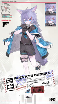 Rule 34 | 1girl, absurdres, ahoge, aiming, aiming at viewer, animal ear fluff, animal ears, belt, black belt, black coat, black gloves, black shirt, black shoes, black shorts, blue coat, blue eyes, blue necktie, blue shoes, breasts, closed mouth, coat, coat on shoulders, commentary, commission, covered navel, cross-laced shoes, dorgar, english commentary, fang, fox ears, fox girl, fox tail, full body, gloves, gun, hair ornament, hairclip, highres, holding, holding gun, holding weapon, hood, hood down, hooded coat, long hair, looking at viewer, multicolored coat, multicolored shoes, necktie, open clothes, open coat, original, purple hair, shirt, shoes, shorts, skin fang, small breasts, sneakers, solo, standing, standing on one leg, tail, thigh strap, thighhighs, weapon, white coat, white shoes, white thighhighs