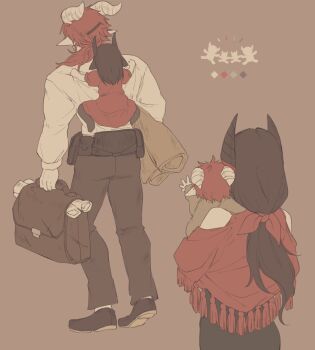 2boys 2girls arknights baby bare_shoulders briefcase brown_background brown_footwear brown_hair brown_horns brown_pants brown_pantyhose capelet carrying carrying_person commentary_request dress facing_away family from_behind grey_shirt hoederer_(arknights) holding holding_briefcase holding_scroll horns ines_(arknights) lari_lab long_hair long_sleeves medium_hair multiple_boys multiple_girls outstretched_arm pants pantyhose pointy_ears red_capelet red_dress red_hair scroll shirt shoe_soles shoes short_sleeves simple_background standing suitcase tassel walking walking_away waving waving_arm white_horns white_shirt