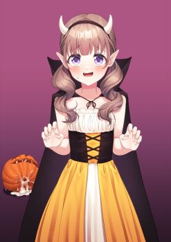 1boy after_masturbation black_cloak blush brown_hair cloak collarbone crossdressing crossdressing_(mtf) cum cum_on_object curly_hair dress fake_horns fang fingernails gradient_background halloween_costume heart highres hokuro_ryuuseigun horns jack-o&#039;-lantern junior_(hokuro_ryuuseigun) long_hair looking_at_viewer open_mouth original pumpkin purple_background purple_eyes sharp_fingernails solo speech_bubble strapless strapless_dress sweatdrop textless_version trap twintails
