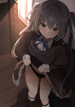 1girl 3: absurdres ankle_strap backlighting black_hair black_panties black_socks blue_ribbon blush brown_capelet brown_jacket brown_skirt capelet closed_mouth clothes_lift collared_shirt commentary day dress_shirt embarrassed eyes_visible_through_hair feet_out_of_frame frilled_skirt frills from_above furrowed_brow hair_between_eyes hair_ribbon highres honma_misuzu indoors jacket kneehighs lace lace-trimmed_panties lace-trimmed_ribbon lace_trim lifting_own_clothes long_hair long_sleeves neck_ribbon nodoameyatou on_floor panties ribbon sakura_no_toki sakura_no_uta school_uniform shirt sidelocks skirt skirt_lift socks solo split_mouth standing thighs twintails underwear very_long_hair white_ribbon white_shirt window window_shadow wooden_floor