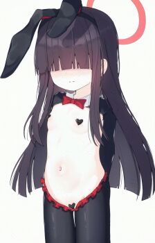 1girl absurdres adversarial_noise animal_ears arms_behind_back black_hair black_pantyhose black_sleeves blue_archive blush bow bowtie breasts commission covered_eyes crotchless crotchless_pantyhose fake_animal_ears groin hair_over_eyes halo heart_maebari heart_pasties highres justice_task_force_member_(blue_archive) loli long_bangs long_hair maebari navel pantyhose pasties pekoli playboy_bunny rabbit_ears red_bow red_bowtie red_halo revealing_clothes reverse_bunnysuit reverse_outfit small_breasts solo stomach thighs