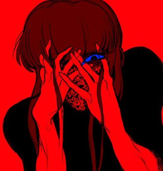 1boy bags_under_eyes blue_eyes circle_print close-up covering_face covering_privates crazy demi_(dizzyspells) dizzyspells feminine hands_over_face holding holding_face horror_(theme) horror_(theme) insane long_hair looking_at_viewer male_focus no_mouth one_eye_covered original red_background sidelocks symbol symbol_on_face triangle_print upper_body