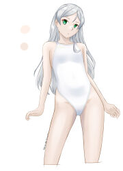 Rule 34 | 1girl, alternate costume, anon., breasts, competition school swimsuit, green eyes, grey hair, highres, javelin (kancolle), kantai collection, long hair, loose hair strand, one-piece swimsuit, school swimsuit, small breasts, solo, standing, swimsuit, white background, white one-piece swimsuit