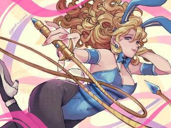 Rule 34 | 1girl, animal ear hairband, animal ears, arm behind head, armlet, black pantyhose, blonde hair, blue bow, blue bowtie, blue gem, blue hairband, blue leotard, bow, bowtie, breasts, cleavage, commentary, covered navel, curly hair, detached collar, dragon quest, dragon quest iii, fake animal ears, fake tail, fingernails, floating hair, foot up, gadabout (dq3), gem, hairband, high heels, holding, holding whip, jewelry, large breasts, leotard, long fingernails, long hair, looking at viewer, looking to the side, merami, pantyhose, pink nails, playboy bunny, rabbit ears, rabbit tail, shoes, simple background, solo, strapless, strapless leotard, untranslatable commentary, tail, twitter username, white shoes