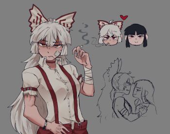 2girls ahoge anger_vein bandaged_arm bandages bandaid bandaid_on_face between_fingers black_hair bow bowtie breasts buttons choker cigarette closed_mouth collared_shirt commentary english_commentary fingernails fujiwara_no_mokou grey_background hair_between_eyes hair_bow half-closed_eyes hand_on_own_hip hand_up heart high_ponytail highres holding holding_cigarette houraisan_kaguya long_hair looking_at_another looking_at_viewer medium_breasts multiple_girls multiple_views otaeriaaoba pants parted_bangs ponytail puffy_short_sleeves puffy_sleeves red_choker red_eyes red_pants shirt short_sleeves sidelocks simple_background smile smoke smoking suspenders teeth torn_clothes torn_shirt touhou v-shaped_eyebrows white_bow white_hair white_shirt wristband yellow_pupils yuri