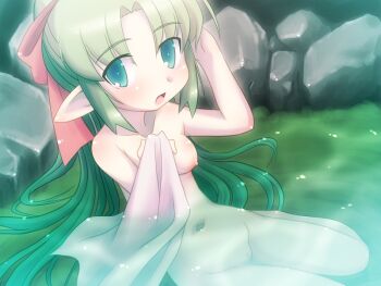 1girl bare_shoulders bathing blush bow breasts cleft_of_venus completely_nude curtained_hair elf foot_out_of_frame from_above green_eyes green_hair hair_bow hand_in_own_hair hand_up holding holding_towel juusha-chan_to_yaya_zannen_na_yuusha_no_hanashi juusha_(juusha-chan_to_yaya_zannen_na_yuusha_no_hanashi) long_hair looking_at_viewer night nipples nude onsen open_mouth outdoors partially_submerged pointy_ears ponytail pussy red_bow rock seiza shoulder_blush sidelocks sitting small_breasts solo steam third-party_source towel water yoshi_(crossmind)