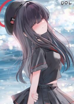 1girl artist_name beret black_hair black_hat black_serafuku black_shirt black_skirt blue_archive blush closed_mouth dolechan hair_over_eyes halo hat highres justice_task_force_member_(blue_archive) neckerchief red_eyes red_halo red_neckerchief school_uniform serafuku shirt short_sleeves skirt smile solo