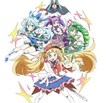 4girls absurdres aqua_hair beret blonde_hair blue_bow blue_bowtie blue_eyes bow bow_(weapon) bowtie commentary_request curly_hair drill_hair green_eyes green_hair hat highres holding holding_bow_(weapon) holding_staff holding_weapon kasumi_(magical_girl)_(princess_connect!) kasumi_(princess_connect!) magical_girl mascot military_hat monika_weisswind monika_weisswind_(magical_girl) morra_(shingeki_no_bahamut) multiple_girls naitsupic open_mouth princess_connect! purple_eyes purple_hair shiori_(magical_girl)_(princess_connect!) shiori_(princess_connect!) smile staff sword thighhighs tomo_(magical_girl)_(princess_connect!) tomo_(princess_connect!) twintails weapon white_thighhighs yellow_eyes yuuki_(princess_connect!)