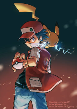Rule 34 | 1boy, baseball cap, black hair, black shirt, blue pants, closed mouth, commentary request, cowboy shot, electricity, foreshortening, gen 1 pokemon, gradient background, hat, highres, holding, holding poke ball, jacket, looking back, male focus, nako (nekono shippo75), nintendo, pants, pikachu, poke ball, pokemon, pokemon rgby, red (pokemon), red jacket, shirt, sideburns