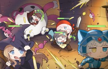 Rule 34 | 5girls, :3, absurdres, anger vein, animal ear headwear, animal ears, bang dream!, bang dream! girls band party!, bang dream! it's mygo!!!!!, blue eyes, blue hat, brown gloves, chihaya anon, closed eyes, commentary, dated commentary, fake animal ears, fang, gloves, grey hair, hat, healing, health bar, heterochromia, highres, holding, holding staff, holding sword, holding weapon, kaname raana, long hair, michelle (bang dream!), mole, mole under eye, multiple girls, mygo!!!!! (bang dream!), nagasaki soyo, open mouth, pink hair, raana the cat, running, shiina taki, short hair, skin fang, staff, sweatdrop, sword, takamatsu tomori, weapon, witch hat, yellow eyes, yzj21333