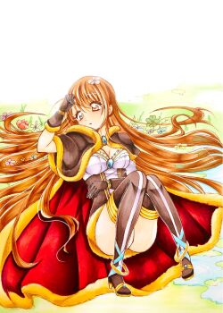 Rule 34 | 1girl, blush, breasts, brooch, brown cape, brown corset, brown eyes, brown gloves, brown hair, brown thighhighs, cape, cleavage, clover, commentary request, corset, dress, flower, four-leaf clover, full body, fur-trimmed cape, fur-trimmed dress, fur trim, gloves, grass, hair flower, hair ornament, hair spread out, highres, jewelry, kannazuki shion, long hair, looking at viewer, lying, medium breasts, official alternate costume, on back, open mouth, panties, pantyshot, ragnarok online, red cape, red flower, sandals, short dress, solo, thighhighs, two-sided cape, two-sided fabric, underwear, warlock (ragnarok online), white dress, white flower, white panties, yellow sandals