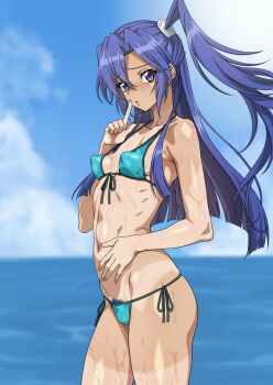 1girl aqua_bikini armpits bikini blue_hair breasts covered_erect_nipples finger_to_mouth from_side hair_between_eyes hand_on_own_stomach highres kazanari_tsubasa long_hair looking_at_viewer navel ocean open_mouth purple_eyes senki_zesshou_symphogear small_breasts solo stomach sun swimsuit syunzou tan tanline wet