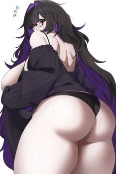 1girl ass ass_focus bags_under_eyes bare_shoulders black_hair blush breasts come_hither embarrassed from_behind glasses goddess_of_victory:_nikke hair_over_one_eye huge_ass label_(nikke) long_hair looking_at_viewer looking_back michos multicolored_hair panties purple_eyes purple_hair sideboob smile solo sweat thick_thighs thighs two-tone_hair underwear very_long_hair