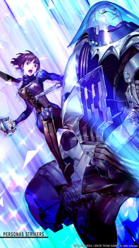 1girl atlus biker_clothes black_scarf blue_background blue_bodysuit blue_fire blunt_bangs bodysuit boots braid brass_knuckles breasts brown_hair copyright_name corset cross-laced_clothes cross-laced_corset crown_braid fire gloves gradient_background highres holding holding_weapon joanna_(persona_5) knee_spikes long_scarf looking_at_viewer medium_breasts motion_lines motor_vehicle motorcycle niijima_makoto official_art official_wallpaper open_mouth persona persona_(summon) persona_5 persona_5_scramble:_the_phantom_strikers phantom_thief purple_background queen_(persona_5) scarf second-party_source short_hair shoulder_pads shoulder_spikes soejima_shigenori solo speed_lines spiked_knuckles spikes weapon white_gloves