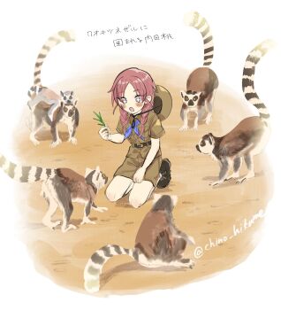 +_+ 1girl :o animal awestruck belt black_belt black_boots blue_neckerchief blush boots braid breast_pocket brown_hat brown_shirt brown_shorts chino_hikume commentary_request futsuu_no_keion-bu hand_on_own_leg hat hat_on_back helmet highres holding holding_plant kneeling lemur mole mole_under_eye neckerchief outdoors parted_bangs pith_helmet plant pocket red_eyes red_hair shirt short_sleeves shorts solo surrounded twin_braids twintails twitter_username uchida_momo