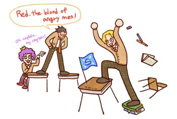 3boys arms_up black_hair blonde_hair book chibi commentary crossed_legs emporio_ivankov english_commentary english_text facial_tattoo full_body male_focus monkey_d._dragon multiple_boys necktie on_table one_piece pikaole purple_hair sabo_(one_piece) school_uniform short_hair smile speech_bubble table tattoo