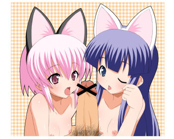 00s 2girls :p abstract_background animal_ears artemis artemis_(tsukuyomi) bar_censor blue_eyes blue_hair blush breasts cat_ears censored cooperative_fellatio fellatio flat_chest hazuki_(tsukuyomi) hetero imminent_fellatio loli long_hair male_pubic_hair multiple_girls nipples one_eye_closed open_mouth oral penis pink_eyes pink_hair plaid_background pubic_hair red_eyes shishimaru_ken'ya short_hair small_breasts teamwork teamwork_(sexual) thick_outline tongue tongue_out tsukuyomi_moonphase wink
