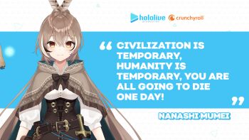 Rule 34 | 1girl, ahoge, azuuru, bag, belt, belt buckle, belt pouch, bodice, bow, breasts, brown bow, brown capelet, brown cloak, brown corset, brown eyes, brown gloves, brown hair, buckle, cape, capelet, cleavage, cleavage cutout, cloak, clothing cutout, corset, crunchyroll, dagger, english text, eyelashes, feather hair ornament, feathers, friend (nanashi mumei), frills, gears, gloves, hair ornament, hieroglyphics, high collar, high ponytail, highres, hololive, hololive english, hood, hood down, hooded cloak, knife, long hair, multicolored hair, nanashi mumei, nanashi mumei (1st costume), official art, paper bag, ponytail, pouch, ribbon, rope belt, runes, sheath, sheathed, shirt, sidelocks, simple background, smile, split ponytail, standing, streaked hair, upper body, very long hair, virtual youtuber, weapon, white shirt, wide ponytail