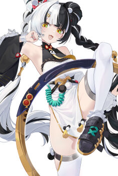 1girl absurdres aqua_nails arm_up bare_shoulders black_hair commentary_request detached_sleeves dialyn_(zenless_zone_zero) dress freeeeeeeeeee hair_ornament hairclip highres leg_up long_hair looking_at_viewer multicolored_hair multicolored_nails nail_polish open_mouth orange_nails pelvic_curtain simple_background smile solo thighs two-tone_hair white_background white_dress white_hair yellow_eyes zenless_zone_zero