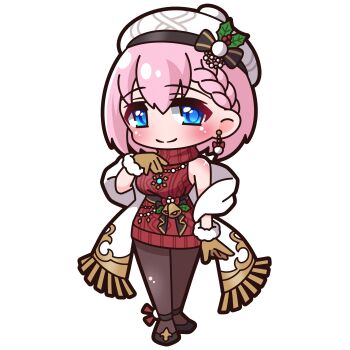 Rule 34 | 1girl, absurdres, aran sweater, bell, beret, black bow, black shoes, blue eyes, blush, bow, braid, braided bangs, breasts, brown gloves, brown pantyhose, cable knit, chibi, closed mouth, commentary request, fringe trim, full body, fur-trimmed gloves, fur trim, gloves, hair between eyes, hand up, hat, highres, large breasts, looking at viewer, pantyhose, pink hair, princess connect!, red sweater, saishosaisekojo, shawl, shoes, simple background, sleeveless, sleeveless sweater, smile, solo, standing, sweater, turtleneck, turtleneck sweater, white background, white hat, yui (princess connect!)