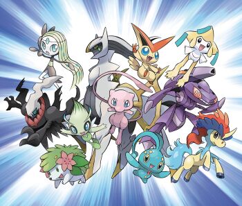 :o antennae aqua_sclera arceus ariga_hitoshi blue_eyes celebi colored_sclera commentary darkrai english_commentary fairy_wings fangs flower gen_1_pokemon gen_2_pokemon gen_3_pokemon gen_4_pokemon gen_5_pokemon genesect green_eyes green_sclera horns jirachi keldeo keldeo_(ordinary) legendary_pokemon manaphy meloetta meloetta_(aria) mew_(pokemon) mythical_pokemon nintendo no_humans official_art open_mouth outstretched_arms pink_flower pokemon pokemon_(creature) pokemon_focus red_eyes shaymin shaymin_(land) single_horn smile spread_arms teeth third-party_source v victini white_eyes wings yellow_sclera
