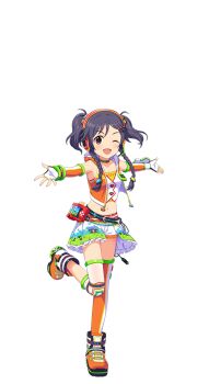 1girl belt braid fingerless_gloves full_body gloves headphones idol_clothes idolmaster idolmaster_cinderella_girls idolmaster_cinderella_girls_starlight_stage low_twin_braids miyoshi_sana navel official_art one_eye_closed open_mouth purple_hair red_eyes short_shorts shorts single_thighhigh solo thighhighs transparent_background twin_braids twintails