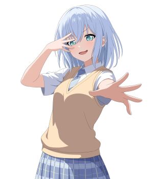 1girl bang_dream! blue_skirt commentary_request feet_out_of_frame green_eyes haneoka_school_uniform highres kurata_mashiro long_sleeves looking_at_viewer necktie open_mouth popi_kasumi school_uniform shirt short_hair simple_background skirt solo standing vest white_background white_hair white_shirt