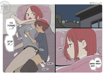 1boy 1girl ? age_difference bar_censor black_shirt breasts censored commentary commentary_request english_commentary ganaishoten grabbing_another's_breast grabbing_from_behind grey_tank_top groping incest medium_breasts mother_and_child mother_and_son motion_lines onee-shota original parent_and_child penis red_eyes red_hair shirt short_hair short_sleeves shota speech_bubble t-shirt tank_top