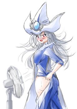 Rule 34 | 1girl, ass, blue dress, blush, breasts, clothing cutout, dress, duel monster, electric fan, grey hair, hat, highres, hip vent, large breasts, long hair, looking at viewer, misakura aoi, open mouth, silent magician, simple background, sketch, sweat, tabard, white background, white hat, white tabard, wizard hat, yu-gi-oh!