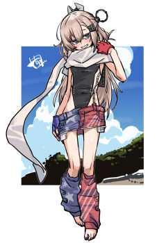 Rule 34 | 1girl, american flag, american flag print, barefoot, black one-piece swimsuit, blue eyes, blue gloves, blue nails, blush, breasts, brown hair, chiwa (fcwv5738), cloud, commentary request, denim, denim skirt, flag print, gloves, hair between eyes, hair ornament, headgear, highleg, highleg one-piece swimsuit, highres, kantai collection, leg warmers, long hair, nail polish, one-piece swimsuit, red gloves, red nails, scarf, skinny, skirt, sky, small breasts, solo, standing, star (symbol), swimsuit, toenail polish, toenails, wahoo (kancolle), white scarf