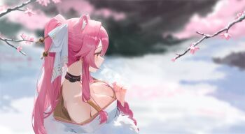 Rule 34 | 1girl, absurdres, animal ears, bare shoulders, black choker, blurry, blurry background, breasts, cherry blossoms, choker, cleavage, cloud, day, hair ribbon, highres, hololive, hololive english, japanese clothes, kimono, large breasts, long hair, long sidelocks, off shoulder, official alternate costume, official alternate hairstyle, omochiarts, outdoors, panther ears, panther girl, pink hair, raora panthera, raora panthera (new year), ribbon, sidelocks, solo, twintails, virtual youtuber, white kimono, white ribbon, white streaks, yellow eyes