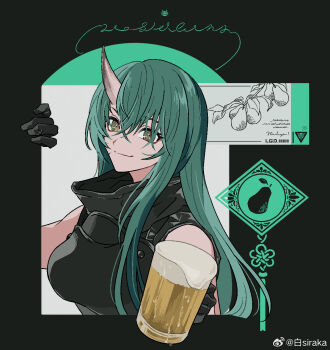 1girl alcohol arknights beer black_border border commentary_request cup eyelashes foam food fruit green_hair hair_between_eyes highres holding holding_cup horns hoshiguma_(arknights) long_hair looking_at_viewer pear single_horn sirakaro smile solo upper_body