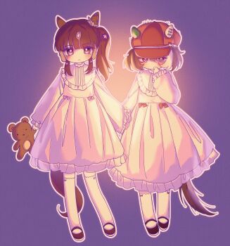 Rule 34 | 2girls, absurdres, aged down, alternate costume, animal ears, blunt bangs, blush, brown hair, camellia (camel mal), closed mouth, dress, ear covers, ears through headwear, hair between eyes, hair ornament, hat, highres, holding, holding hands, holding stuffed toy, horse ears, horse girl, horse tail, long hair, long sleeves, lucky lilac (umamusume), marche lorraine (umamusume), medium hair, mismatched ear covers, multicolored hair, multiple girls, purple eyes, shoes, side ponytail, socks, stuffed animal, stuffed toy, tail, teddy bear, umamusume, white dress, white socks