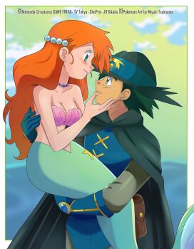 1boy 1girl aaron_(pokemon_movie) aaron_(pokemon_movie)_(cosplay) aged_up alternate_hairstyle aqua_eyes ash_ketchum bare_shoulders beads bikini black_cape black_hair blue_gloves blush breasts brown_eyes cape carrying cleavage closed_mouth cloud collarbone cosplay english_text eye_contact eyelashes gem gen_1_pokemon gloves grabbing_another&#039;s_chin green_eyes hair_ornament hand_on_another&#039;s_chin hand_on_another&#039;s_face hat hetero highres jewelry long_hair looking_at_another medium_breasts mermaid mermaid_misty_(pokemon) misty_(pokemon) miyuki_tsukiyono monster_girl monsterification necklace nintendo orange_hair outdoors pearl_(gemstone) pearl_necklace pikachu pokemon pokemon:_lucario_and_the_mystery_of_mew pokemon_(anime) pokemon_(classic_anime) pokemon_rgby pokemon_rse_(anime) pouch princess_carry shell shell_bikini short_hair sky smile spiked_hair swimsuit