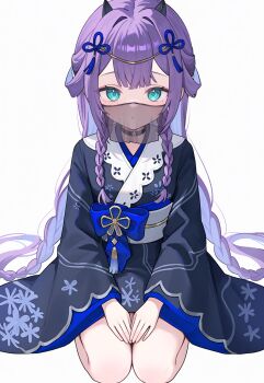 Rule 34 | amakawa mamushi, astral party, blue eyes, blue hair, blue kimono, breasts, dragon girl, highres, horns, japanese clothes, kimono, purple hair, sitting, small breasts