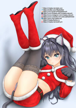 1girl ahoge alternate_costume anal_beads anal_tail animal_ears aqua_eyes ass black_boots black_gloves black_hair black_thighhighs blush boots butt_plug capelet cat_ears cat_tail christmas closed_mouth commentary_request cropped_shirt fake_tail full_body fur-trimmed_boots fur-trimmed_capelet fur-trimmed_headwear fur-trimmed_skirt fur_trim gloves grey_panties hat highres knee_boots legs_up long_hair long_sleeves looking_at_viewer lying miniskirt misaka-net on_back paid_reward_available panties pencil_skirt red_capelet red_hat red_shirt red_skirt santa_costume santa_hat shirt skirt solo tail thighhighs thighs thong tsurumi_rumi underwear yahari_ore_no_seishun_lovecome_wa_machigatteiru.
