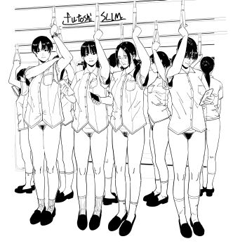 6+girls absurdres ass bottomless breasts cellphone collared_shirt commentary_request east_asian female_pubic_hair futoshi_slim glasses hand_grip highres holding holding_hand_grip holding_phone low_ponytail medium_breasts monochrome multiple_girls original phone ponytail pubic_hair public_indecency ribbed_socks shirt shoes short_hair signature smartphone socks zenra