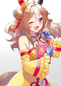 1girl ahoge akatsuki_(kuon) animal_ears blue_gloves blue_nails blush book breasts brown_hair commentary_request copano_rickey_(umamusume) copano_rickey_(yin-yang_bagua_lucky_costume)_(umamusume) detached_sleeves double_bun dress ear_covers fang fingerless_gloves fingernails gloves hair_between_eyes hair_bun holding holding_book horse_ears horse_girl horse_tail long_hair looking_at_viewer medium_breasts medium_hair mismatched_ear_covers multicolored_hair one_eye_closed open_mouth purple_eyes simple_background skin_fang smile solo tail tassel umamusume white_background white_hair yellow_dress yellow_sleeves