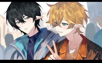 Rule 34 | 2boys, alternate costume, aotu world, black hair, blonde hair, blue eyes, blue shirt, blush, brown jacket, camil (aotu world), chinese commentary, closed mouth, collarbone, earrings, grey jacket, hair between eyes, highres, jacket, jewelry, king (aotu world), letterboxed, looking at another, male focus, multiple boys, orange shirt, parted lips, pointy ears, shirt, short hair, smile, turtleneck, upper body, v, yaoi, yunian08081