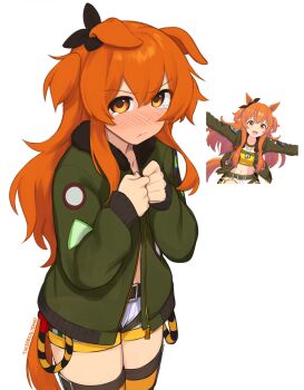 1girl :t animal_ears belt black_belt black_bow black_thighhighs blush bomber_jacket bow closed_mouth commentary cowboy_shot double-parted_bangs ear_bow ears_down english_commentary green_jacket highres horse_ears horse_girl horse_tail jacket long_hair long_sleeves looking_at_viewer mayano_top_gun_(scramble_zone)_(umamusume) mayano_top_gun_(umamusume) orange_eyes orange_hair patch pout reference_inset short_shorts shorts sidelocks simple_background solo tail tearing_up thighhighs umamusume v-shaped_eyebrows white_background white_shorts yoako zipper