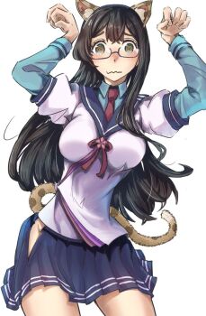 1girl animal_ears black_hair blue_sailor_collar blue_shirt blue_skirt breasts brown_eyes clothing_cutout collared_shirt cowboy_shot glasses hip_vent kantai_collection layered_shirt layered_sleeves leopard_ears leopard_tail long_sleeves medium_breasts necktie ooyodo_(kancolle) paw_pose pleated_skirt red_necktie sailor_collar sailor_shirt school_uniform semi-rimless_eyewear serafuku shirt short_over_long_sleeves short_sleeves simple_background skirt solo tail tonke under-rim_eyewear wavy_mouth white_background white_shirt