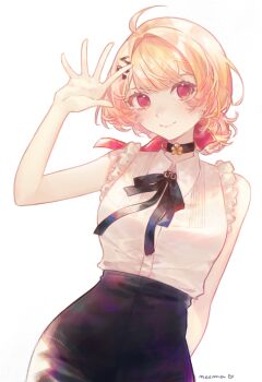 Rule 34 | 1girl, absurdres, arm behind back, arm up, artist name, bare shoulders, black choker, black ribbon, black skirt, blonde hair, choker, collared shirt, commentary, double-parted bangs, flower choker, fortissimo, frilled shirt, frills, hair ornament, highres, hololive, hololive dev is, looking at viewer, musical note, musical note hair ornament, neck ribbon, neema (oneemasan), otonose kanade, red eyes, ribbon, shirt, short hair, simple background, skirt, sleeveless, sleeveless shirt, solo, star (symbol), star in eye, symbol in eye, upper body, white background, white shirt