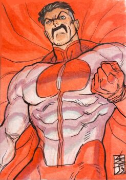 1boy abs acecore2k angry artist_logo black_hair blue_eyes cape clenched_hand commentary english_commentary facial_hair frown frown_lines graphite_(medium) grey_hair highres invincible_(series) logo looking_at_viewer looking_down male_focus muscular muscular_male mustache obliques omni-man red_cape short_hair solo solo_focus superhero_costume traditional_media upper_body