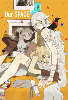 2boys 6+girls arm_tattoo bags_under_eyes bare_shoulders between_legs bird blonde_hair blue_eyes chest_tattoo cigarette cithis crow dark-skinned_female dark_elf dark_skin dungeon_meshi elf flamela fleki food gloves gorget green_eyes grey_hair hair_around_ear highres holding holding_cigarette lap_pillow long_hair looking_at_viewer low_twintails lycion mithrun multiple_boys multiple_girls notched_ear nova_1810 orange_background otta_(dungeon_meshi) pattadol pointy_ears purple_eyes scroll shirt short_hair sitting smile tattoo topless_male tunic twintails uneven_eyes