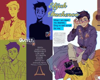 1boy acoustic_guitar adjusting_eyewear animification belt black_hair character_name elijah_douchnov english_text formal_clothes glasses guitar hashtag-only_commentary heart highres instrument jacket long_sleeves looking_at_viewer male_focus multiple_views my_student_spirit nadamxd_0o0 necktie pants shirt shoes short_hair sitting smile socks suit