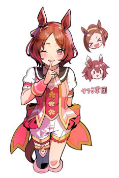 1girl animal_ears asymmetrical_legwear brown_hair chibi chibi_inset commentary_request cropped_legs finger_to_mouth horse_ears horse_girl horse_tail index_finger_raised one_eye_closed purple_eyes sakura_bakushin_o_(umamusume) sakura_chiyono_o_(umamusume) sakura_laurel_(saisir_le_reve)_(umamusume) sakura_laurel_(umamusume) shushing tail takuan_(taku1219oekaki) umamusume