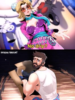 1boy 1girl beard blonde_hair blue_eyes breasts brown_hair commentary english_commentary facial_hair fantastic_four glasses highres husband_and_wife large_breasts long_hair looking_at_viewer malice_(sue_storm) marvel marvel_rivals opalis reed_richards short_hair sue_storm sue_storm_(azure_shade) superhero_costume