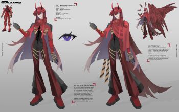 Rule 34 | 1boy, absurdres, altermyniad, androgynous, black bodysuit, bodysuit, english text, feathered wings, full body, funnels (gundam), gundam, gundam gquuuuuux, highres, horns, long hair, looking at viewer, mecha danshi, multicolored bodysuit, multiple wings, personification, purple eyes, red bodysuit, red gundam, red hair, reference inset, side cape, solo, standing, two-tone bodysuit, very long hair, wings